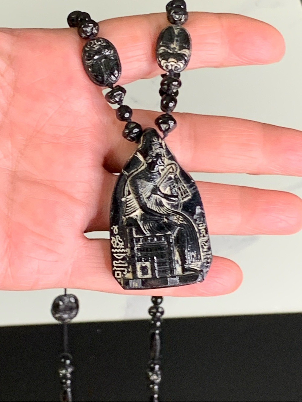 RARE- Vintage Neiger Brothers Egyptian Revival All-Black Glass Necklace-Art Deco